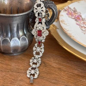 Antique Art Deco Clear and Red Multi Faceted Rhinestone Pot Metal Bracelet - Picture 1 of 10