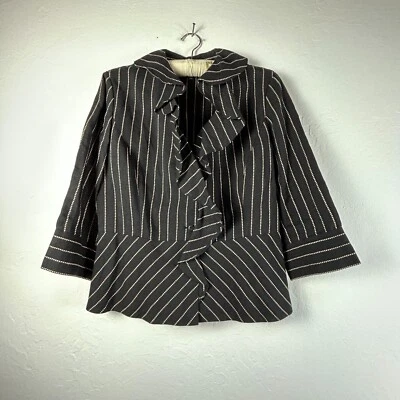 Classiques Entier Womens Button Up Linen Ruffle Blazer Medium Black Tan Striped - Image 1 of 4