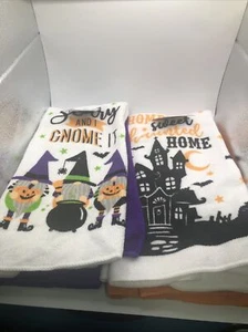 4 Halloween Theme Kitchen Towels Purple And Orange ￼Haunted Home ￼gnome - Picture 1 of 7
