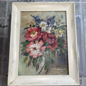 "Pintura enmarcada al óleo firmada con arreglo floral Helen Curtis 1950 11,50""X8,50""" - Imagen 1 de 4