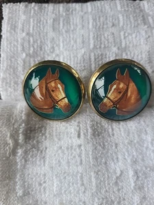 Bridle Rosette's Horse Head Green 2 in brass and glass - Picture 1 of 7