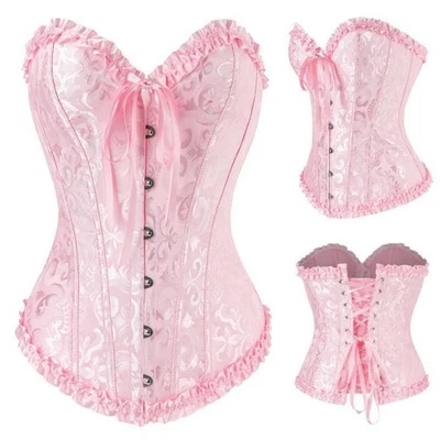 Elegant Ruffle Bustier Corset Overbust Boned Bustiers Top  Showgirl Costume - Image 1 of 4