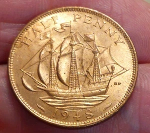 EXCELENTE MEDIO PENIQUE GEORGE VI 1948 SIN CIRCULAR CON MUCHO BRILLO RARO ASÍ HP67 - Imagen 1 de 2