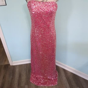 Vintage ADRIANNA PAPELL boutique 14 Pink Sequin Silk Maxi Dress Party Cocktail - Picture 1 of 5