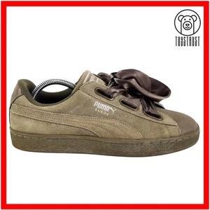 Puma Suede Womens Shoes Trainers UK 7 / 40.5 Heart Satin Khaki Grey Sneakers - Picture 1 of 14