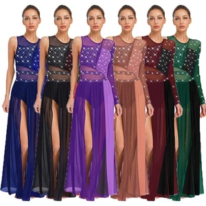 Women Dresses Single Sleeve Dress Round Neck Dancewear Sheer Rhinestones Mesh - Picture 1 of 73