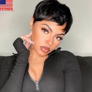 Pixie Cut Human Hair Wigs Short Pixie Wig None Lace Front Wigs Boy Cut Straight - Picture 1 of 12