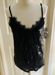NEXT STUNNING BLACK SEQUIN & LACE STRAPPY CAMI TOP WITH LINING - SIZE 12 - Picture 1 of 11