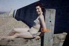 35mm Slide - Woman In Small Bikini Posing On Beach, 1960s