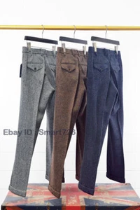 Men's Winter 80% Wool Trousers British Warm Loose Straight Chic Tweed Pants sz - Picture 1 of 14