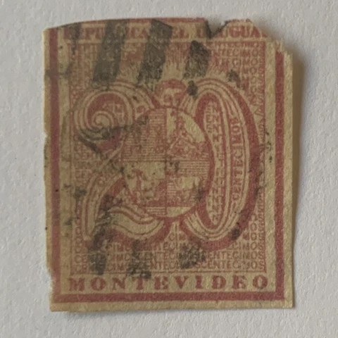 1866 URUGUAY MONTEVIDEO 20c IMPERF STAMP #33 SIGNED ON BACK Cover