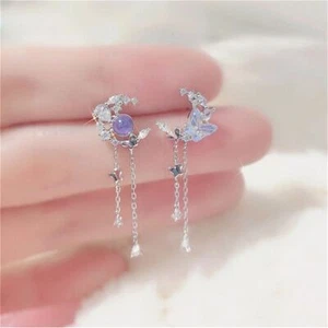 Women Planet Moon Earring Butterfly Tassel Ear Dangle Crystal Drop Jewelry 1Pair - Picture 1 of 20