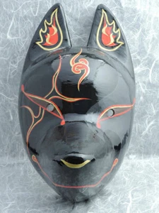 Komendo Hajimari Full Face Hand Painted Fox Mask Kitsune Black Paper Japan NEW - Picture 1 of 7