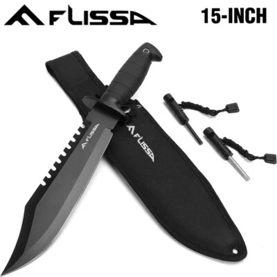 Flissa 15" Survival Hunting Knife Fixed Blade Tactical Bowie Knife Fire Starter