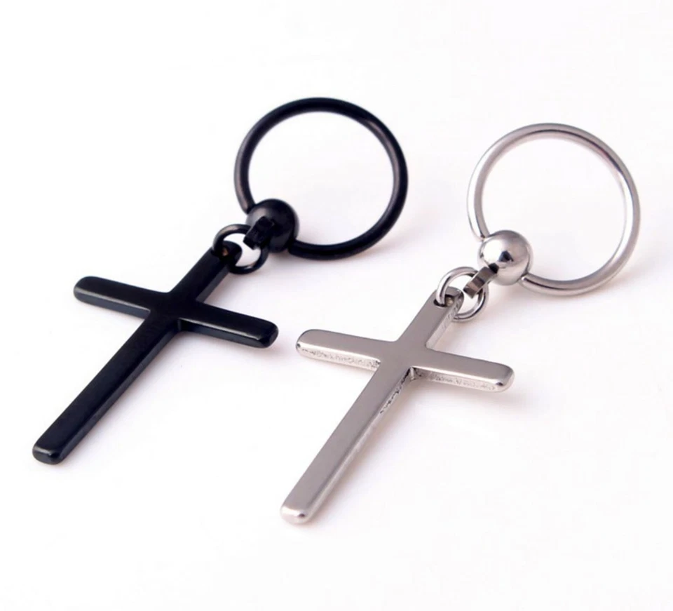 1x Mans Womens Gothic Titanium plated Cross Earring piercing Dangle Hoop - Image 1 of 3