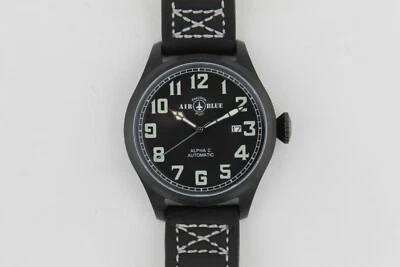 Air Blue Mens Automatic Watch Black Alpha C Precision Pilot Military Leather - Image 1 of 4