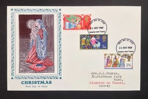 GB 1969 Christmas Set on Textiles & Philately Woven First Day Cover, FDI Surrey - Picture 1 of 2