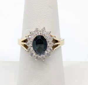 Vintage ESPO 14k GE Blautopas Glas Krappenfassung Halo Ring goldfarben Größe 7 - Bild 1 von 7