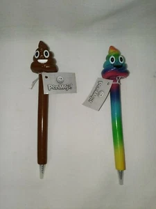 2 PenMoji Brown and Rainbow Poop Face Set of 2 Emoji Smiling Resin Black Ink 6” - Picture 1 of 2