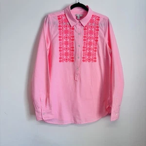 J Crew Embroidered Shirt Size 12 Neon Pink Stripe Cotton Blend - Picture 1 of 13