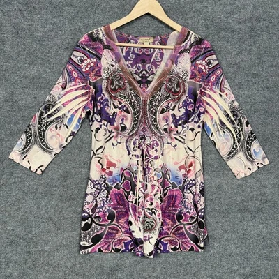 Blusa Top One World Talla XL Blanca Púrpura Cachemira Boho Cuentas Manga 3/4 Elastizada Foto 1 de 4