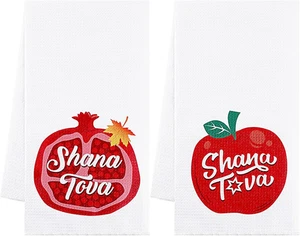 2 Pcs Rosh Hashanah Kitchen Towels Shana Tova Dish Towel Apple Pomegranate Hand - Picture 1 of 6