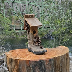 Rustic Cowboy Boot Birdhouse Handmade Western Decor Repurposed Real Boot - Picture 1 of 6