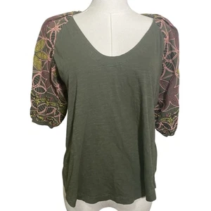 Anthropologie Maeve Green Embroidery Puff Sleeves Top Small 100% Cotton - Picture 1 of 8