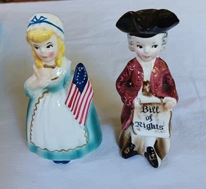 Vtg Enesco Porcelain Salt Pepper Shakers Betsy Ross Thomas Jefferson Patriotic  - Picture 1 of 5