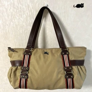 Burberry Blue Label Tote Bag Horse Logo Stripe Nylon Leather Height 25cm - Picture 1 of 16