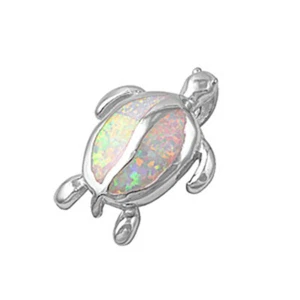 Sterling Silver Split Shell Mosaic Turtle Pendant White Simulated Opal Charm - Picture 1 of 2
