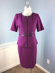 Classiques Entier M 8 Purple Ponte Skirt Suit leather Trim Career Cocktail EUC - Picture 1 of 5