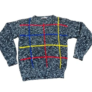Vintage 80s Personal Black Speckled Sweater Size Small Colorful Grid Design - Picture 1 of 5