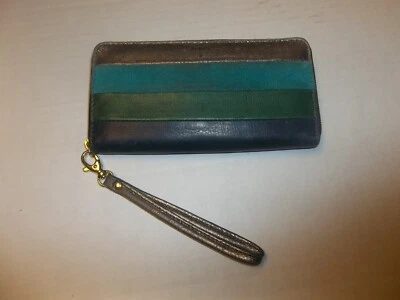 Cartera organizadora de cuero a rayas retazos verde fósil correa para muñeca Foto 1 de 3