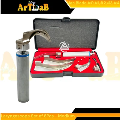 Juego de laringoscopio de intubación de fibra óptica con 5 cuchillas, mango mediano y bombillas Foto 1 de 4