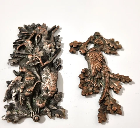 2 Antique stamped pediment applique Furniture box frame Hunting deer bird 4.3 in Cover
