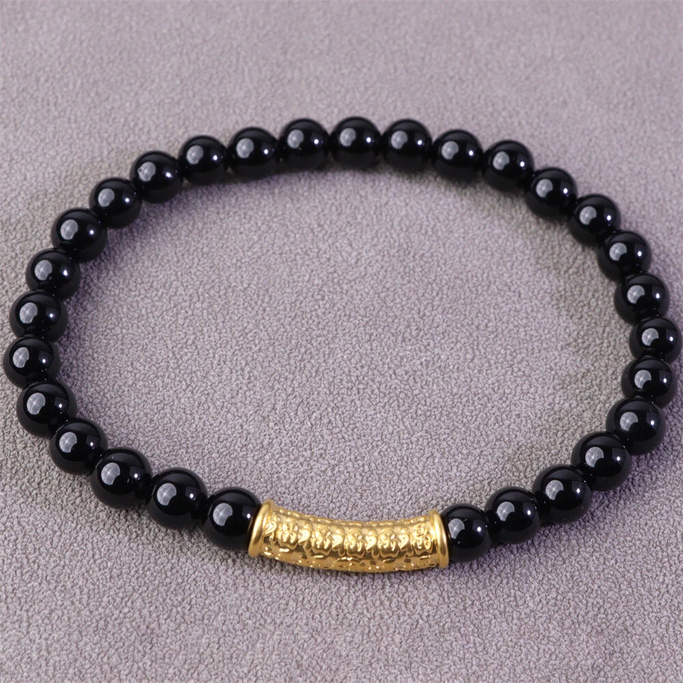 Brazalete de cuentas de ágata negra de 6 mm tubo largo Lucky Fu de oro amarillo puro 999 24K Foto 1 de 4