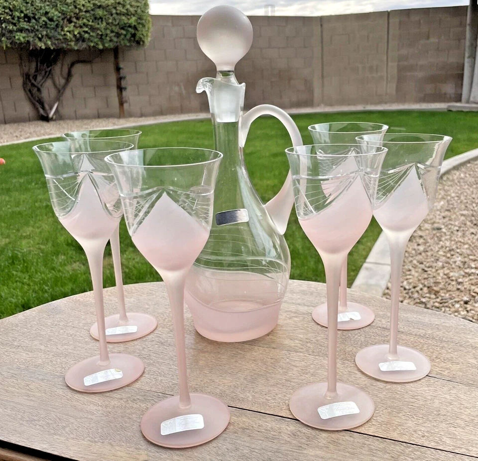 Juego de vino de 7 piezas Melinda Clear (esmerilado) de Crystal Clear Industries Rumania años 80 Foto 1 de 4