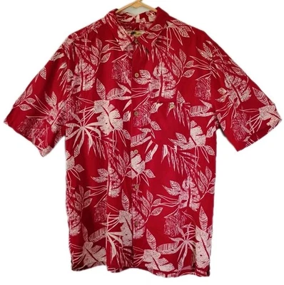 Joe Marlin Tropical Button-up Shirt, Red & White Leaf Pattern, Size Large Rayon - Image 1 of 4