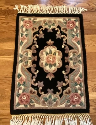 Vintage Rectangular Chinese Wool Peking Rug Art Deco Aubusson Black 35.5” X25” - Image 1 of 4