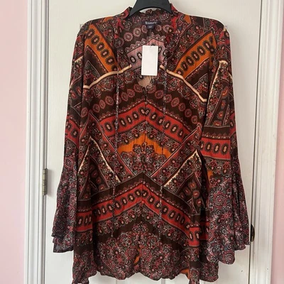 Roaman’s women’s size 26W rust red brown peasant Boho tunic blouse festival NWT - Image 1 of 4