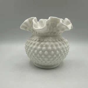 Fenton Milk Glass Hobnail Rose Bowl Vase Double Crimped Ruffled Edge - Picture 1 of 7