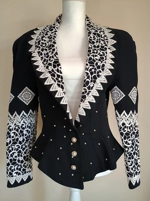 Vintage 80s IIF Jacket Black With White Lace & Faux Pearls Structured Glam - Image 1 of 4