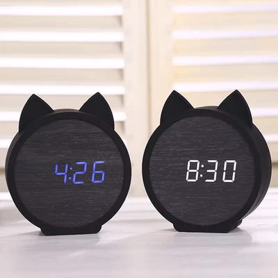 li & tai LED Wooden Alarm Clock Cute Cat Silicone Voice Control USB / Battery Op - Image 1 of 4