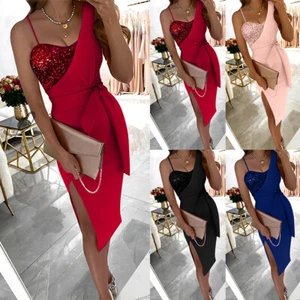 Womens Sexy Split Bodycon Midi Dress Ladies Evening Cocktail Party Ball Gown - Picture 1 of 13