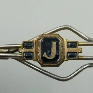 Vintage J Monogram Tie Clip Gold Tone Black Enamel Initial Letter - Picture 1 of 9