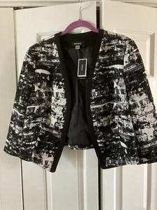 Nine West Black White Lined Open Front 3/4 Sleeve Stretch Jacket Size 12 - Picture 1 of 5