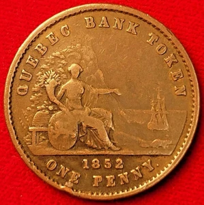 1852 Provincia de Canadá Quebec Un Penny Bank Token Deux Sous - Imagen 1 de 2