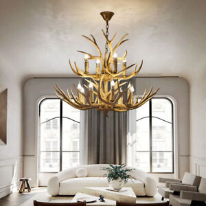 Rustic 12-Light Chandelier Antler Pendant Lamp Living Room Ceiling Lighting