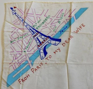 Paris City Plan w/ Eiffel Tower c.1920-40 hand painted silk fabric map folk art - Picture 1 of 3